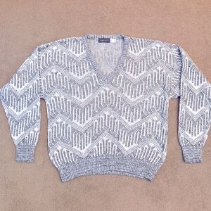 Vintage 80s V Neck Sweater Mens Large Grey White Eclectic Dad Cosby Made In USA